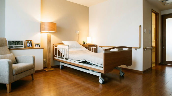 Ein aufgeräumtes, seniorengerechtes Schlafzimmer mit einem modernen Pflegebett, warmem indirektem Licht einer Nachttischlampe und einem komplett freien Fußboden ohne Stolperfallen.