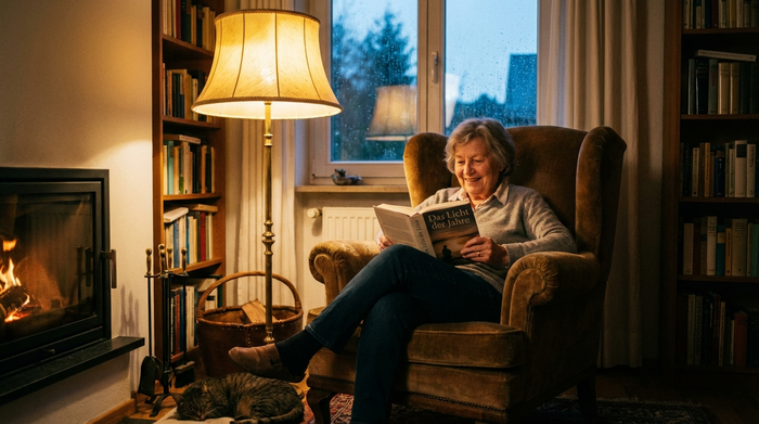 Eine ältere Dame sitzt abends entspannt in einem komfortablen Ohrensessel und liest ein Buch im warmen Licht einer Stehlampe.