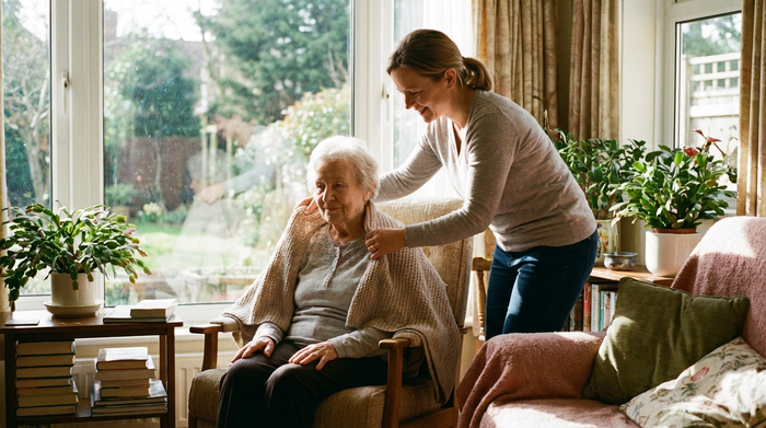Eine fürsorgliche Pflegekraft legt einer älteren Frau sanft eine Decke über die Schultern, friedliche und beruhigende Atmosphäre in einem hellen Wohnzimmer.