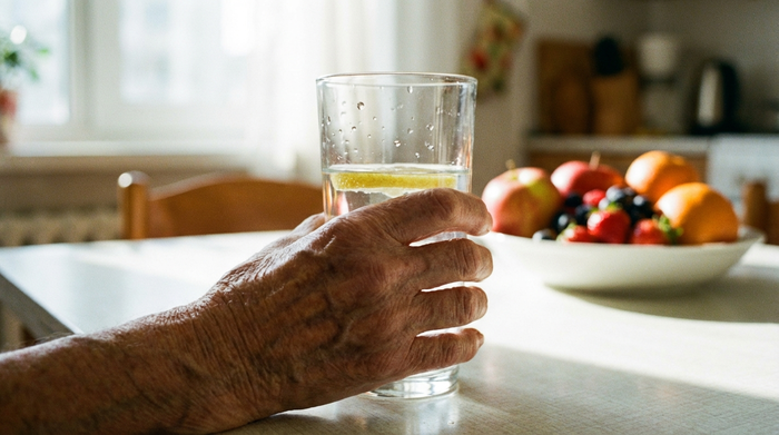 Ein realistisches, detailreiches Bild einer älteren Hand, die behutsam ein durchsichtiges Glas mit klarem Wasser und einer Zitronenscheibe hält. Im unscharfen Hintergrund erkennt man einen hellen Küchentisch mit frischem Obst.