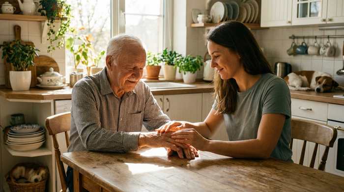 Eine fürsorgliche Tochter prüft sanft den Hautturgor am Handrücken ihres älteren Vaters. Beide sitzen entspannt an einem Holztisch in einer sonnigen, aufgeräumten Küche.