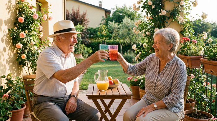 Zwei Senioren sitzen gemeinsam auf einer sonnigen Terrasse an einem kleinen Tisch und stoßen fröhlich mit bunten Trinkbechern voller Saftschorle an. Die Stimmung ist heiter und entspannt.