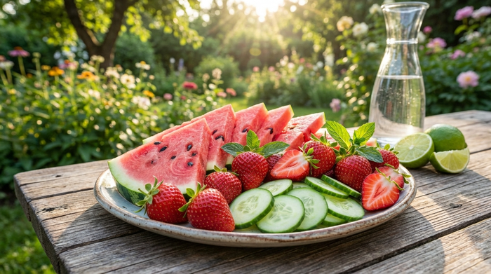 Ein appetitlich angerichteter Teller mit frischen, aufgeschnittenen Wassermelonenstücken, saftigen Erdbeeren und Gurkenscheiben steht auf einem rustikalen Holztisch im Garten.