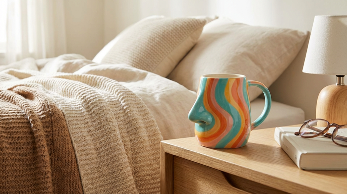 Ein moderner, farbenfroher Trinkbecher mit ergonomischem Griff und einem speziellen Nasenausschnitt steht griffbereit auf einem Nachttisch neben einem gemütlichen Bett.
