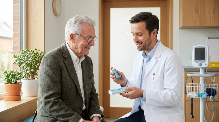 Ein fürsorglicher Arzt in einem sauberen, modernen Sprechzimmer erklärt einem aufmerksamen älteren Herrn mit grauem Haar sanft die Anwendung seiner Medikamente. Beide lächeln leicht und wirken entspannt.