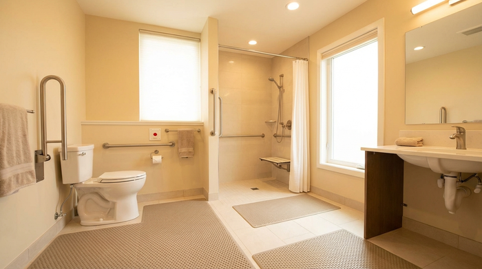 Ein sicheres, gut beleuchtetes Badezimmer für Senioren mit rutschfesten Matten auf dem hellen Fliesenboden und stabilen, modernen Haltegriffen an der Wand neben der Toilette. Alles ist barrierefrei gestaltet.