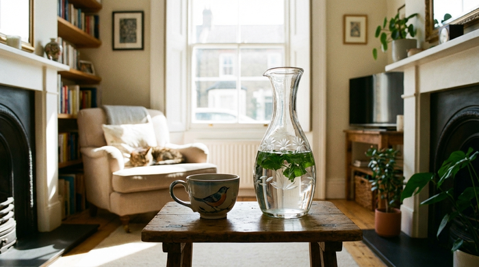 Eine dekorative Glaskaraffe gefüllt mit klarem Wasser und frischen Minzblättern steht neben einer stilvollen Teetasse auf einem kleinen Holztisch im Wohnzimmer. Die Wohnatmosphäre ist gemütlich und lichtdurchflutet.