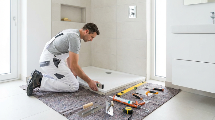 Ein Handwerker in sauberer Arbeitskleidung installiert vorsichtig eine extrem flache, weiße Duschwanne in eine Badezimmernische. Werkzeuge liegen ordentlich auf einem Schutzvlies bereit. Die Szene ist gut beleuchtet und vermittelt Professionalität und Sauberkeit.