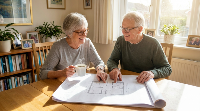 Ein älteres, glückliches Ehepaar sitzt entspannt an einem hellen Holztisch im Wohnzimmer und betrachtet lächelnd Baupläne für ihr neues Badezimmer. Eine Tasse Kaffee dampft auf dem Tisch, die Atmosphäre ist positiv und zukunftsorientiert.