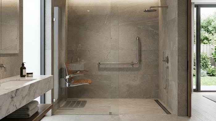 Eine elegante, barrierefreie Walk-In-Dusche mit einer großen, klaren Echtglaswand in einem luxuriösen Badezimmer. Im Inneren befindet sich ein moderner, ergonomischer Duschklappsitz und ein stabiler, gut sichtbarer Edelstahl-Haltegriff auf matten Fliesen.