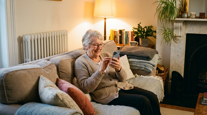 Eine ältere Frau bedient entspannt ein modernes Smartphone von ihrem weichen Sofa aus. Im Hintergrund ist ein sauberer weißer Heizkörper zu sehen. Der Raum strahlt eine behagliche, warme Atmosphäre aus.