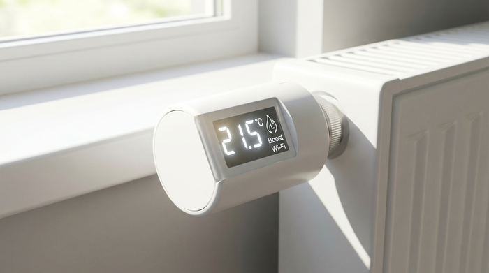 Nahaufnahme eines modernen, weißen Heizkörperthermostats mit einem großen, leuchtenden und sehr gut lesbaren digitalen Display. Das Thermostat ist an einem weißen Heizkörper montiert. Helles Tageslicht.