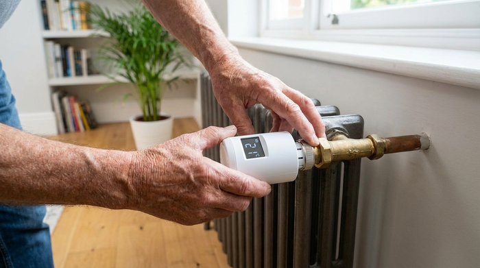 Die Hände eines älteren Mannes, der ganz ohne Werkzeug ein neues, sauberes Smart-Thermostat auf das Ventil eines Heizkörpers schraubt. Klares Licht, aufgeräumte Umgebung.