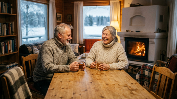 Ein glückliches älteres Ehepaar sitzt bei einer Tasse Tee am Esstisch in einem wohltemperierten, gemütlichen Esszimmer. Im Hintergrund sieht man verschwommen ein Fenster mit einer kalten, winterlichen Landschaft draußen.
