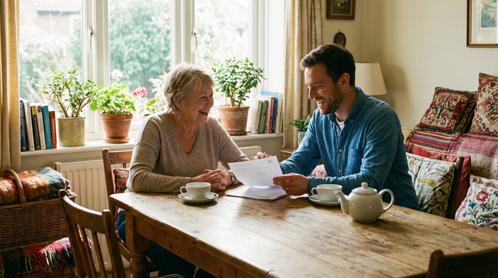 Eine ältere Dame sitzt entspannt an einem Holztisch und bespricht mit einem freundlichen Berater Dokumente und ein ärztliches Rezept. Helles Tageslicht, gemütliche Atmosphäre.