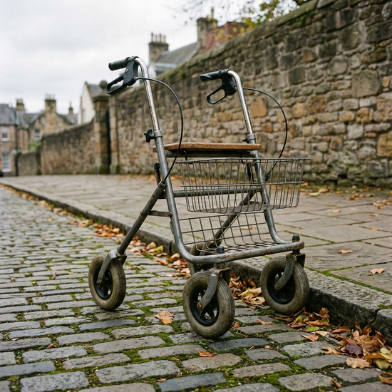 Ein klassischer, robuster Standard-Rollator aus Stahlrohr steht sicher auf einem gepflasterten Gehweg.