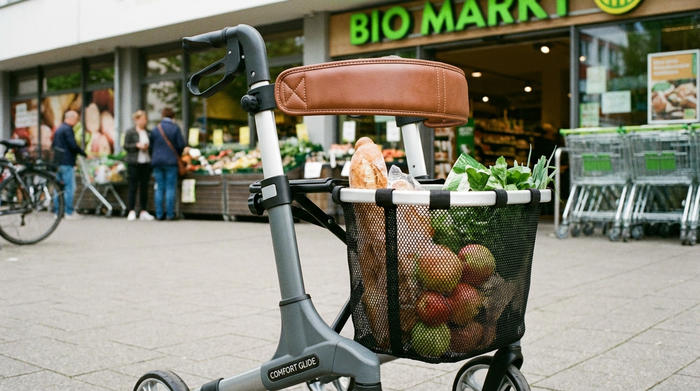 Nahaufnahme eines modernen Rollators mit einem montierten, bequemen Rückengurt und einem praktischen Einkaufsnetz, abgestellt vor einem Supermarkt.