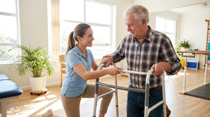 Eine Physiotherapeutin zeigt einem Senioren in einer hellen Praxis, wie er die Handgriffe seines Rollators auf die richtige Höhe einstellt.