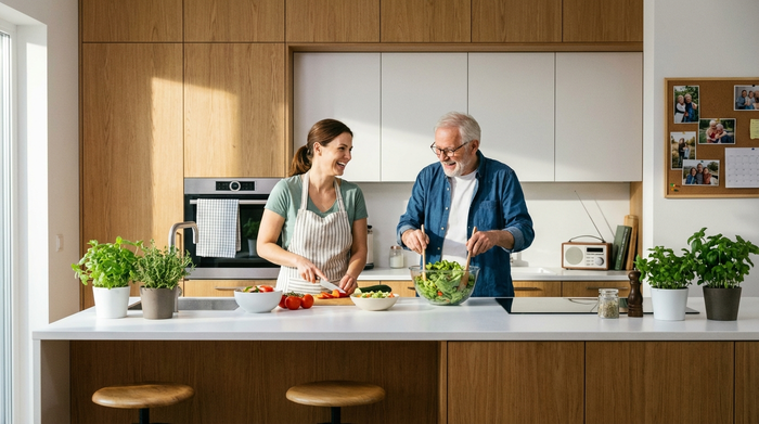 Eine aufmerksame Alltagshelferin und ein älterer Herr bereiten in einer sauberen, modernen Küche gemeinsam einen frischen Salat zu. Realistische, alltägliche Situation, fröhliche Stimmung.