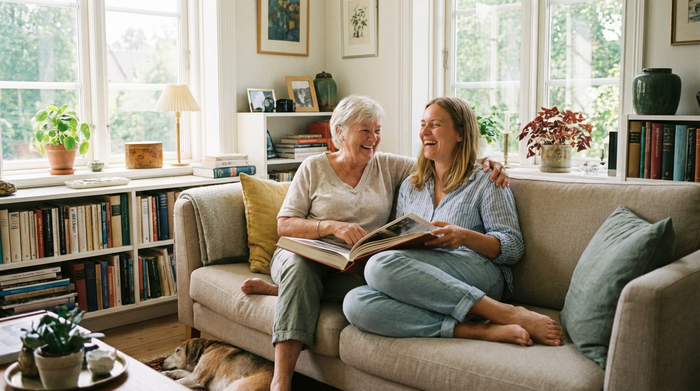 Eine ältere Frau und ihre Tochter sitzen entspannt auf einem Sofa und schauen sich gemeinsam lächelnd ein Fotoalbum an. Helles Wohnzimmer, harmonische und völlig entlastete Stimmung.