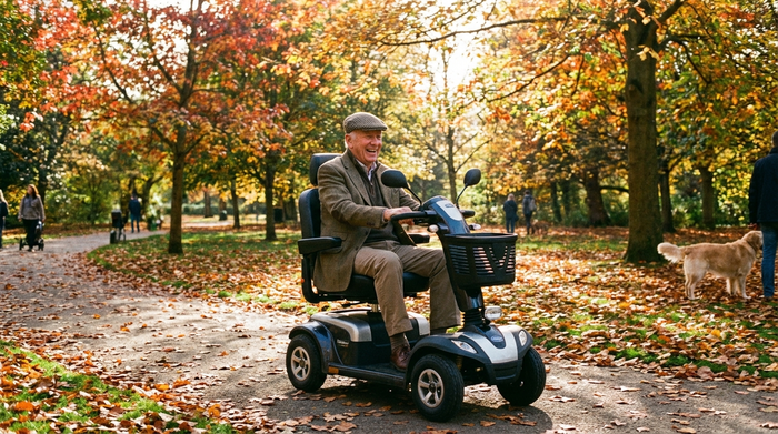 Ein rüstiger Senior fährt mit einem modernen Elektromobil durch einen herbstlichen, sonnigen Park. Gepflegte Wege, bunte Blätter an den Bäumen, klare und realistische Fotografie.