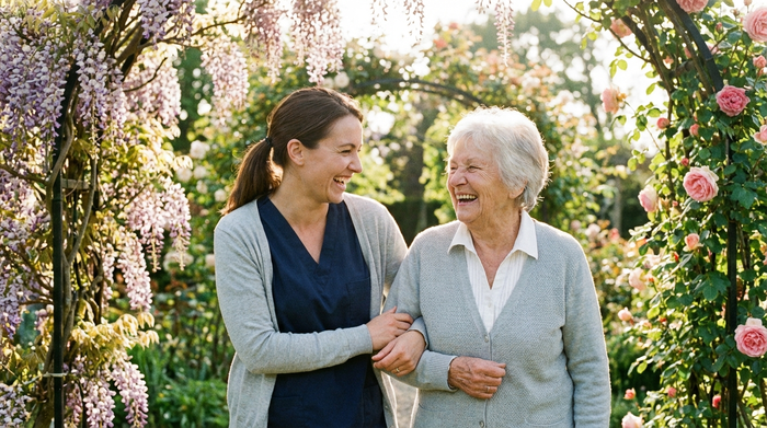Zwei Frauen, eine jüngere Betreuerin und eine ältere Seniorin, spazieren Arm in Arm durch einen blühenden Garten und lachen herzlich miteinander. Vertrauensvolle, warme Atmosphäre ohne ablenkende Elemente.
