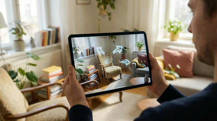 Eine Person hält ein modernes Tablet in einem gemütlichen Wohnzimmer. Auf dem Bildschirm ist das Zimmer durch die Kamera zu sehen, ergänzt durch leuchtende, holografische, schwebende Pfeile, die auf einen Sessel deuten. Realistische Szene, helles Tageslicht, keine Schriftzeichen.