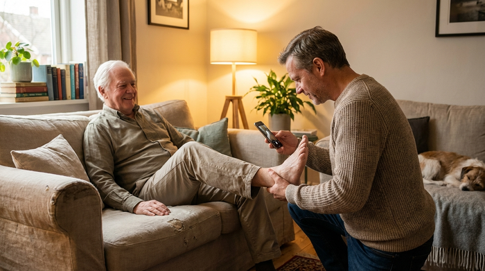 Ein älterer Mann sitzt entspannt auf einem Sofa. Sein Sohn sitzt daneben und richtet die Kamera eines Smartphones auf den Fuß des Vaters. Der Sohn schaut aufmerksam auf den Bildschirm, während er sanft den Fuß hält. Warme, familiäre Wohnzimmeratmosphäre.