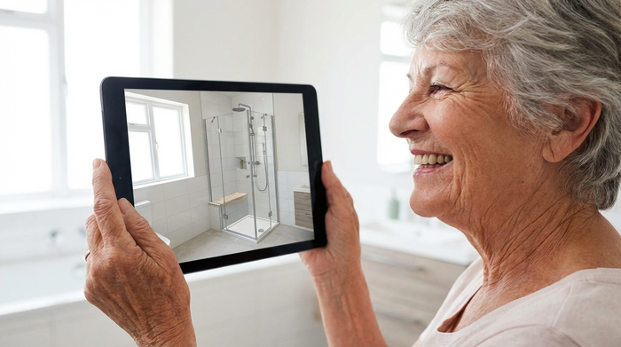 Eine ältere Frau steht in ihrem Badezimmer und hält ein Tablet. Sie blickt lächelnd auf den Bildschirm, der ihr aktuelles Bad zeigt, ergänzt durch ein digitales 3D-Modell einer begehbaren Dusche. Der Raum ist sauber und hell erleuchtet.