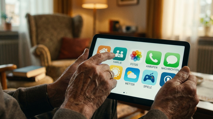 Nahaufnahme der Hände eines älteren Mannes, der ein Tablet mit großen, bunten und gut erkennbaren App-Symbolen auf dem Bildschirm bedient. Der Hintergrund ist leicht verschwommen, gemütliches Wohnzimmer.