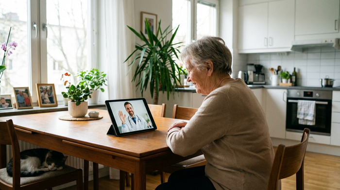 Eine Seniorin sitzt am Esstisch und betrachtet aufmerksam ihr Tablet, auf dem ein freundlicher Arzt im weißen Kittel während einer Videosprechstunde zu sehen ist. Helle und saubere Umgebung.