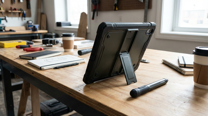 Ein Tablet in einer dicken, stoßfesten Schutzhülle mit einem ausklappbaren Standfuß steht stabil auf einem Tisch. Ein ergonomischer Eingabestift mit dicker Gummispitze liegt direkt daneben.