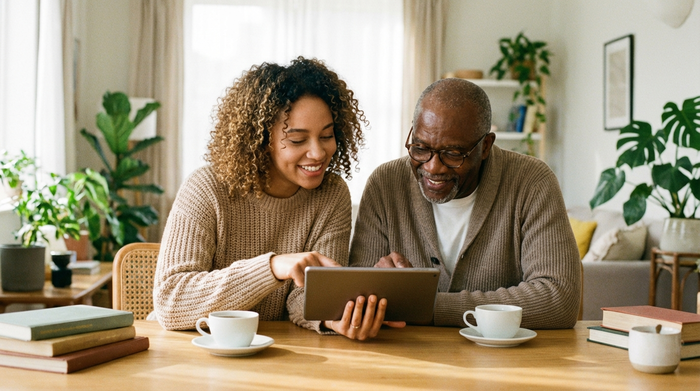 Eine jüngere Frau und ein älterer Herr sitzen nebeneinander am Tisch und schauen gemeinsam auf ein Tablet. Die Frau zeigt geduldig auf den Bildschirm, beide lächeln. Entspannte Lernatmosphäre.