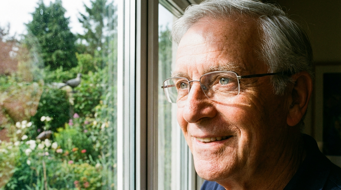 Ein älterer Herr mit silbernem Haar schaut entspannt durch ein sauberes Fenster in einen grünen Garten. Helles, klares Licht, realistische Szene, fokussiert auf die Augenpartie und das Thema Sehkraft.