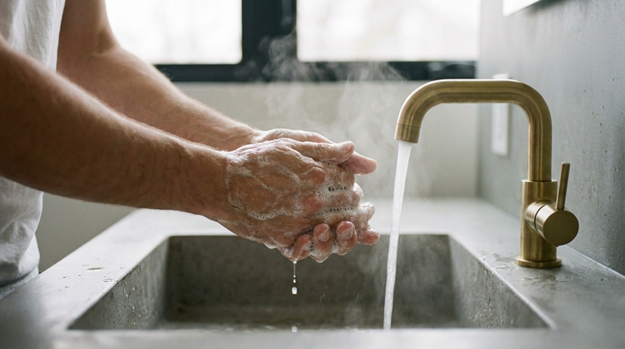 Nahaufnahme von Händen, die gründlich mit Seife unter fließendem warmem Wasser in einem sauberen, modernen Badezimmer gewaschen werden. Fokus auf Hygiene und Reinlichkeit, realistisch, hell.