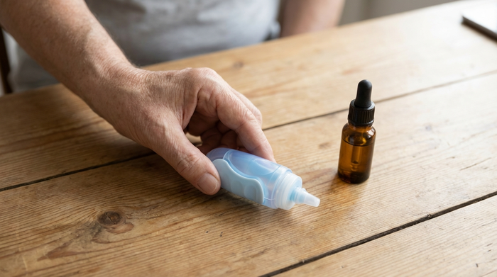 Eine kleine, ergonomische Tropfhilfe aus Kunststoff auf einem sauberen Holztisch neben einem Fläschchen. Eine ältere Hand greift danach. Helle, aufgeräumte Szene, realistisch, ohne lesbare Schriftzüge.