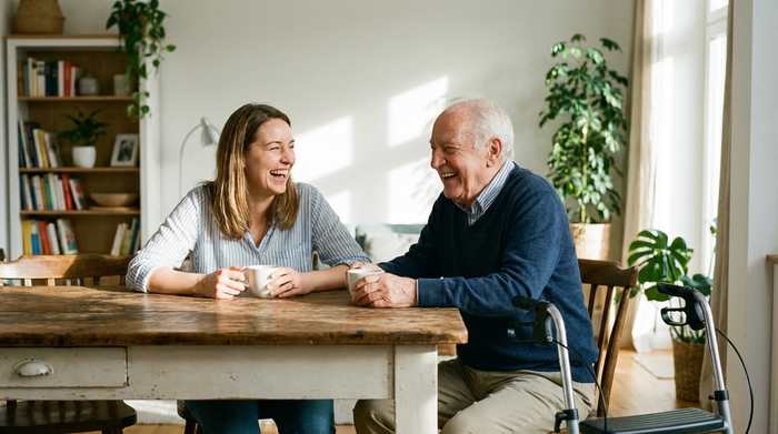Eine entspannte Tochter sitzt gemeinsam mit ihrem pflegebedürftigen Vater am Küchentisch und trinkt Kaffee. Beide lachen herzlich. Im Hintergrund ein aufgeräumter Wohnbereich. Realistische, herzerwärmende Szene, die Entlastung symbolisiert.