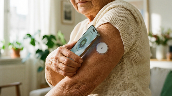 Nahaufnahme des Oberarms einer älteren Dame, an dem ein runder, weißer Blutzuckersensor befestigt ist. Sie hält ein modernes Smartphone nahe an den Sensor, um die Daten kontaktlos zu scannen. Heller, freundlicher und unscharfer Hintergrund.