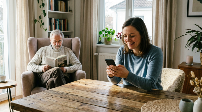 Eine erwachsene Tochter schaut beruhigt auf ihr Smartphone, während sie an einem Holztisch sitzt. Im Hintergrund sitzt ihr älterer Vater entspannt lesend in einem gemütlichen Sessel. Warme, familiäre Atmosphäre in einem modernen Wohnraum.