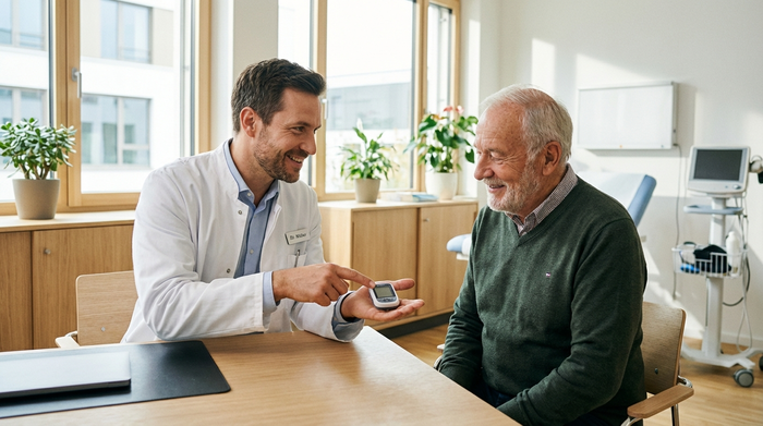 Ein freundlicher Arzt im weißen Kittel sitzt mit einem älteren Patienten an einem Schreibtisch in einer hellen, modernen Arztpraxis. Der Arzt erklärt geduldig etwas und zeigt auf ein kleines medizinisches Gerät in seiner Hand. Vertrauensvolle Stimmung.