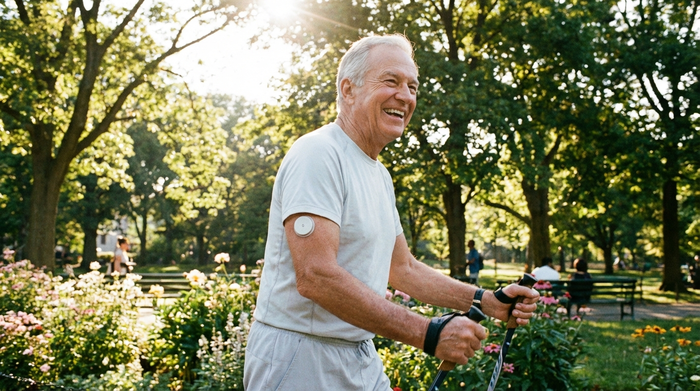 Ein aktiver Senior in leichter Sportkleidung beim Walken im Park an einem sonnigen Tag. An seinem Arm ist ein weißer Sensor zur kontinuierlichen Blutzuckermessung deutlich zu erkennen. Er wirkt vital, gesund und glücklich.