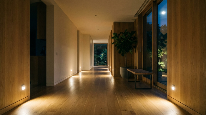 Ein gut beleuchteter Flur bei Nacht in einem modernen Haus. Ein sanftes, bodennahes Nachtlicht erhellt den Weg über einen glatten Holzboden. Warme, beruhigende Atmosphäre, aufgeräumt und absolut hindernisfrei.