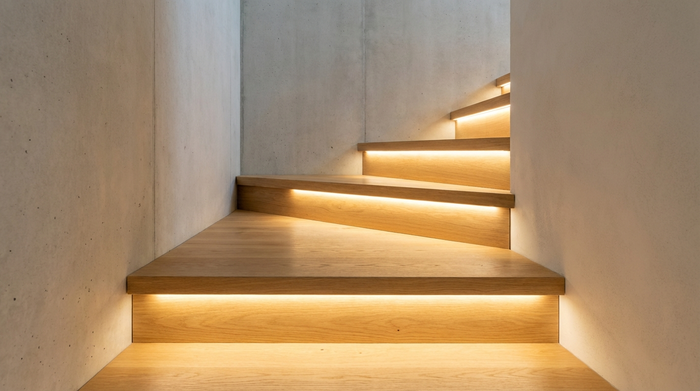 Nahaufnahme eines hell erleuchteten Treppenabsatzes im Innenbereich. Diskrete, warmweiße LED-Leisten unter der Kante jeder Stufe sorgen für klare Kontraste und Sichtbarkeit. Saubere Umgebung, keine Menschen, realistisches und sicheres Lichtdesign.