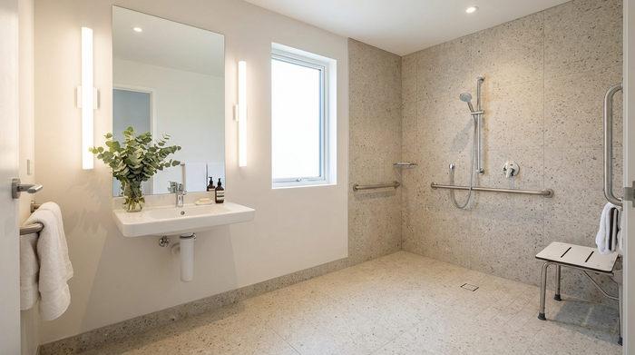 Ein helles, barrierefreies Badezimmer mit matten, rutschfesten Fliesen. Der Spiegel über dem Waschbecken wird von zwei blendfreien, seitlichen Wandleuchten perfekt und gleichmäßig ausgeleuchtet. Ein sauberes, frisches und sicheres Ambiente.