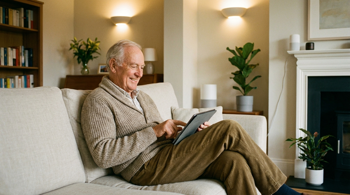 Ein älterer Herr sitzt bequem auf einem hellen Sofa und bedient lächelnd ein Tablet, während im Hintergrund smarte Deckenleuchten in einem angenehmen Warmweiß erstrahlen. Ein gemütliches, aufgeräumtes und technologisch unterstütztes Wohnzimmer.