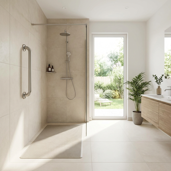 Ein helles, modernes Badezimmer mit einer bodengleichen Dusche ohne Einstiegskante. An der hell gefliesten Wand ist ein stabiler, metallischer Haltegriff montiert, auf dem Boden liegt eine rutschfeste Matte.