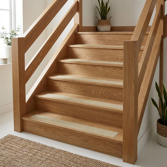 Eine aufgeräumte Holztreppe im Innenbereich, ausgestattet mit gut sichtbaren, rutschfesten Klebestreifen an den Stufenkanten und beidseitigen, stabilen Handläufen aus Holz.