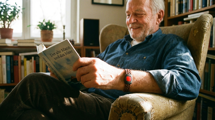 Ein roter Hausnotruf-Knopf, getragen als unauffälliges Armband am Handgelenk eines älteren Mannes, der entspannt in einem gemütlichen Sessel sitzt und ein Buch liest.