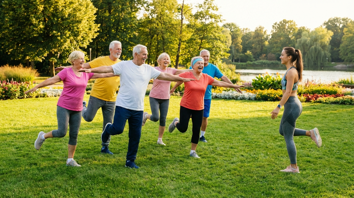 Eine aktive, fröhliche Seniorengruppe macht bei sonnigem Wetter leichte Gleichgewichtsübungen auf einer grünen Wiese in einem gepflegten Park, angeleitet von einer jungen Trainerin.