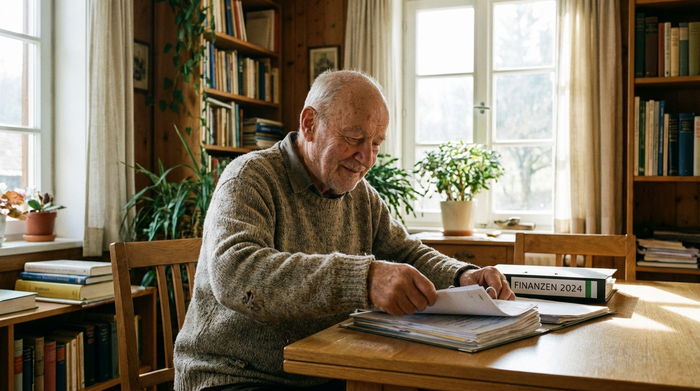 Ein lächelnder älterer Herr sitzt an einem aufgeräumten Holztisch und sortiert übersichtlich angeordnete Dokumente in einen Ordner, während sanftes Tageslicht den Raum erhellt.